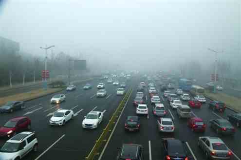 昨日早8点，省城历山路被大雾笼罩，能见度较低。记者周里实习生李浩男摄